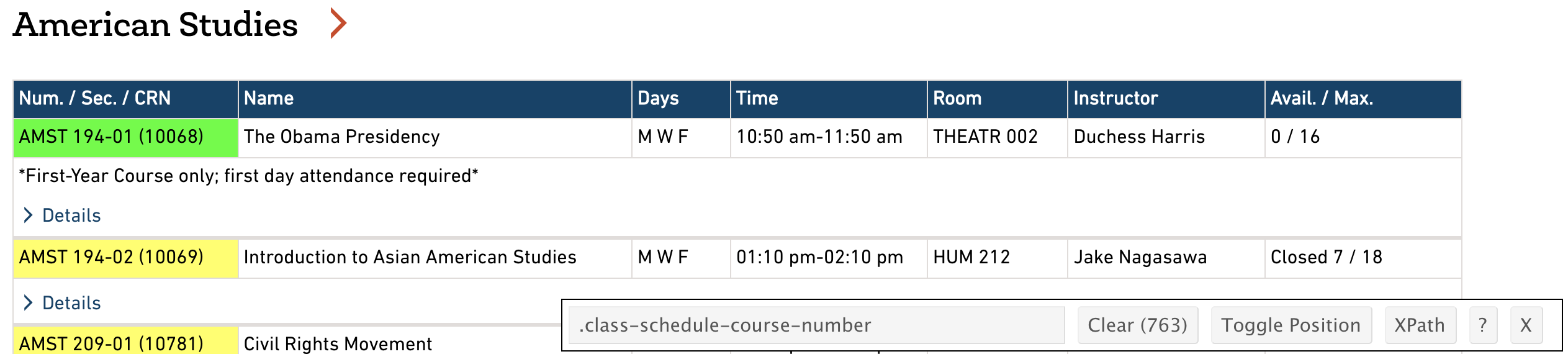 The Selector Gadget in action: Mousing over the course number (left), and the result pane after clicking on the course number (right).