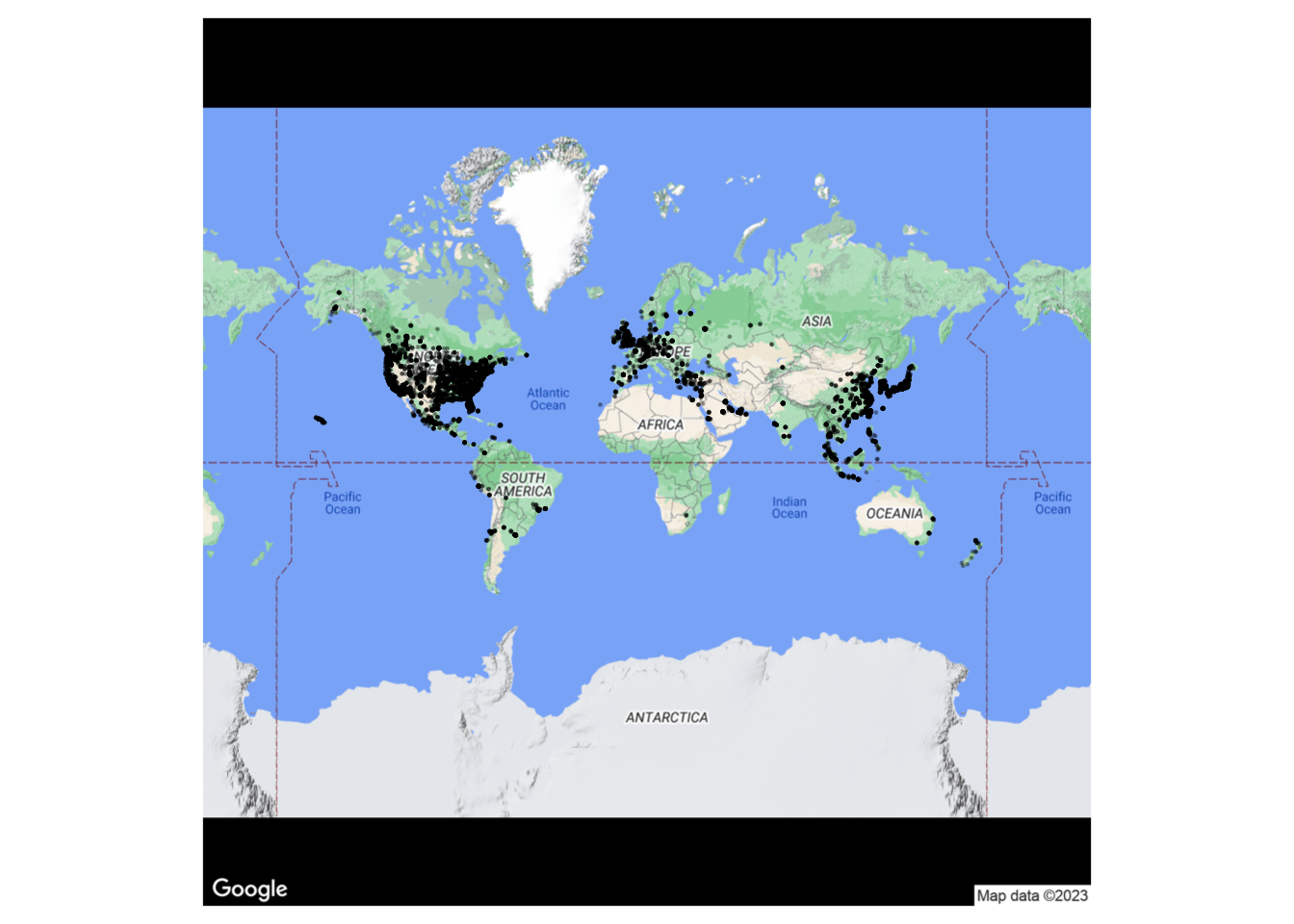 Scatterplot of Starbucks locations at time of data collection with map background. Starbucks is a global company with locations mostly in North America, Europe, and Asia.