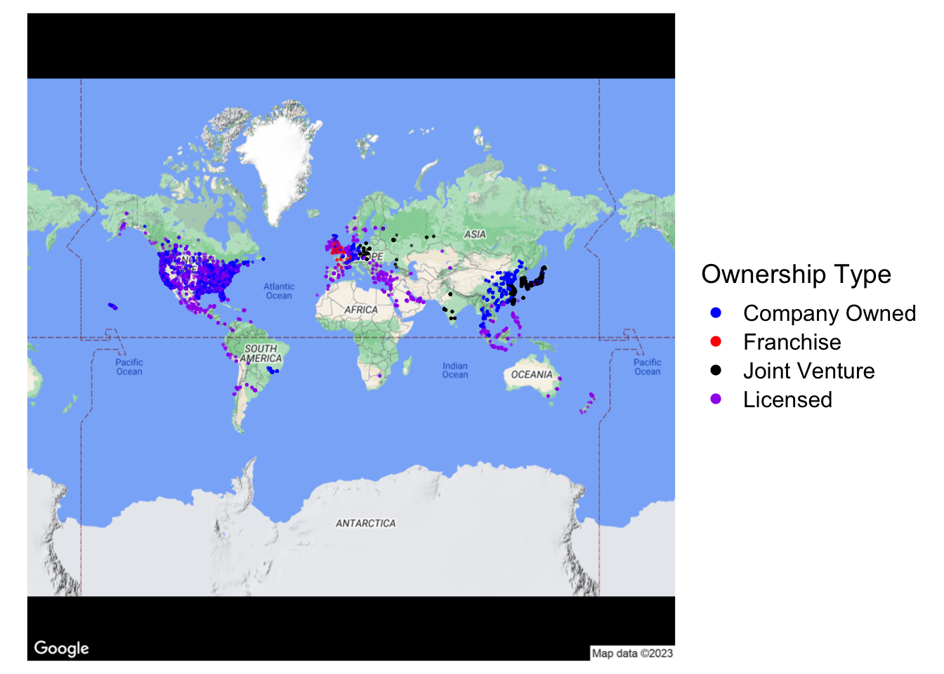 Map of Starbucks locations colored by ownership type. Most locations are company owned or licensed, some European locations are franchises, and joint ventures are only in Asia.