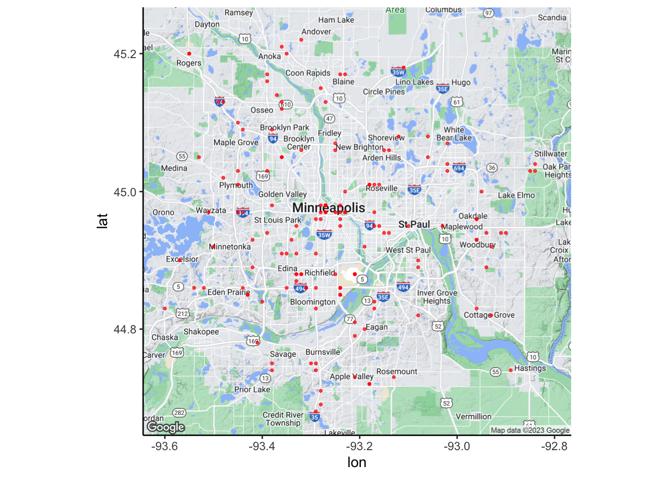 Map of Starbucks locations in the Twin Cities. Most locations are in the city centers or along major highways.