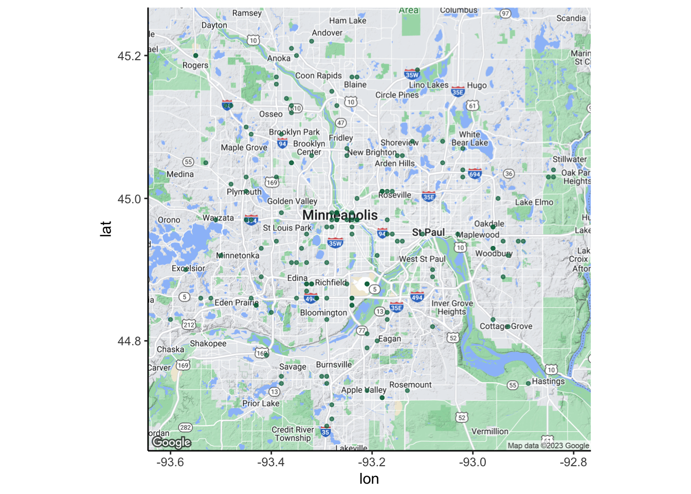 Map of Starbucks locations in the Twin Cities. Most locations are in the city centers or along major highways.