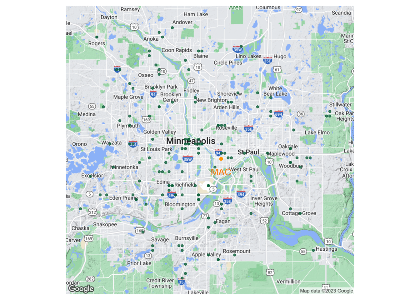 Map of Starbucks locations in the Twin Cities. Most locations are in the city centers or along major highways.