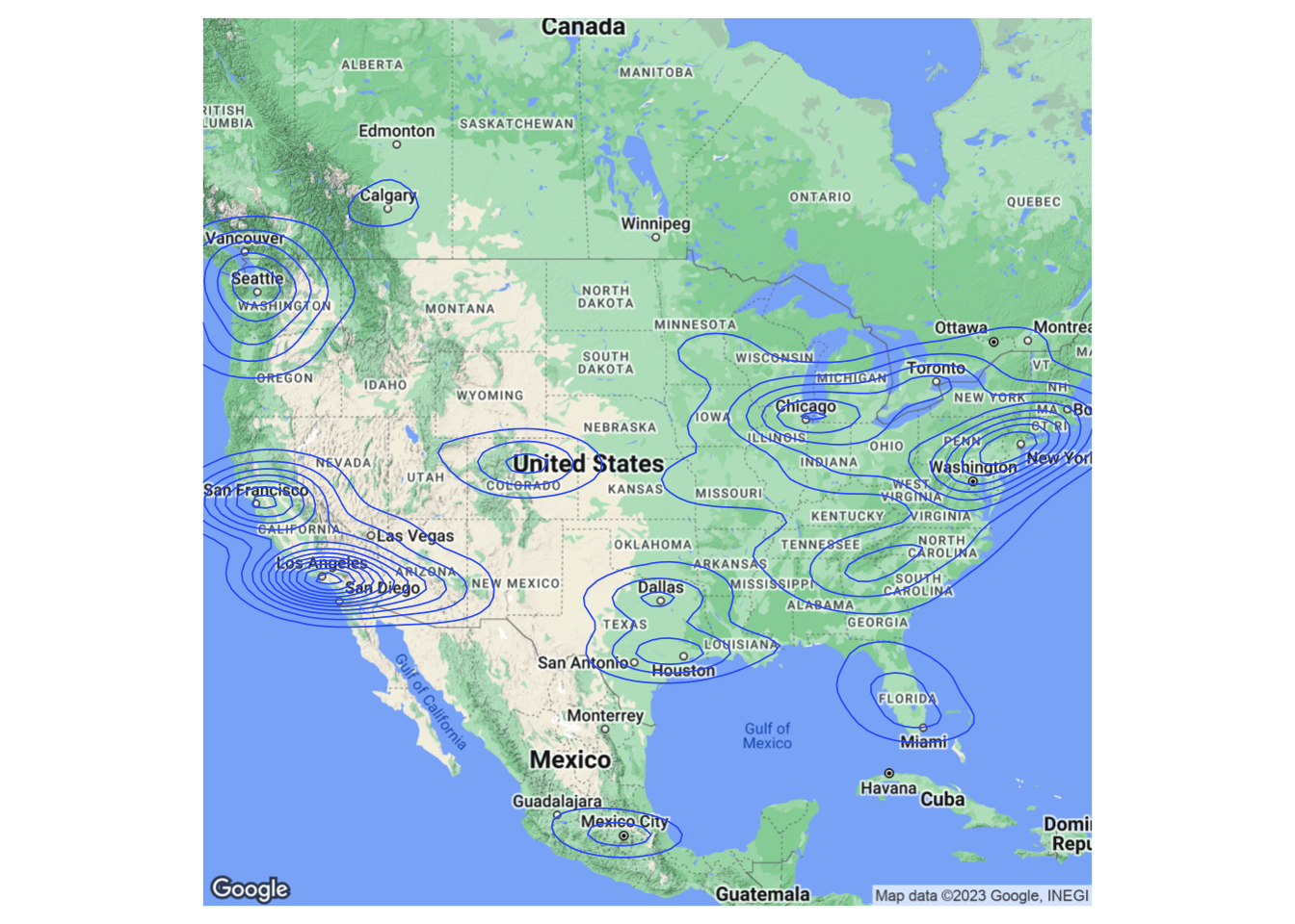 Contour map of Starbucks locations in the continental US. Most locations are in Northeast and California.