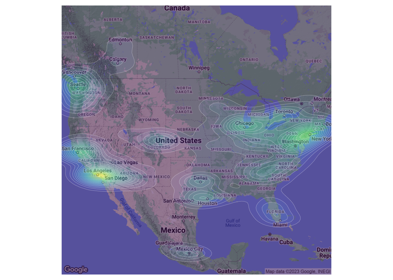 Density map of Starbucks locations in the continental US. Most locations are in Northeast and California.