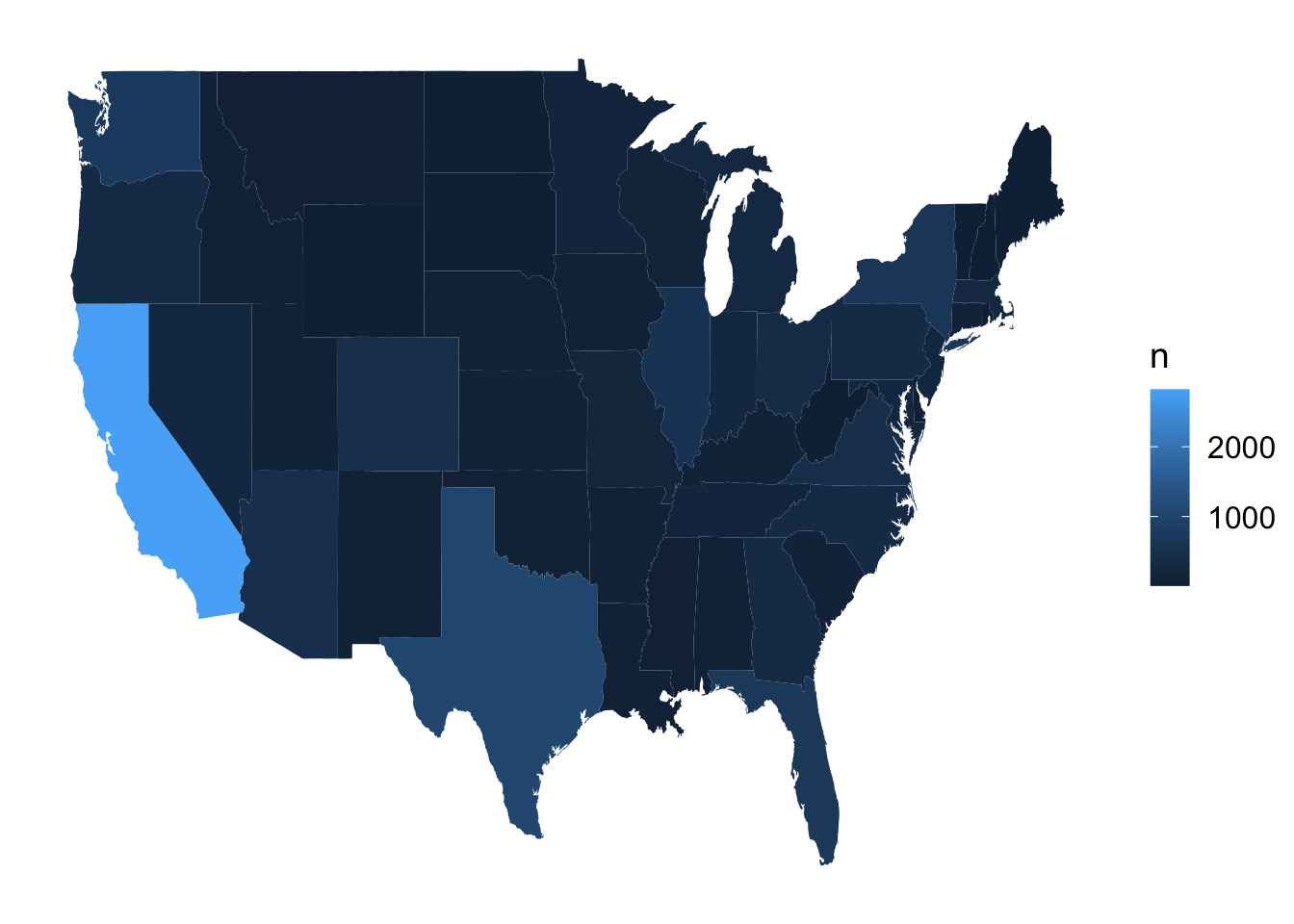 State-level choropleth map showing number of Starbucks per state. California has by far the most Starbucks locations in this dataset.