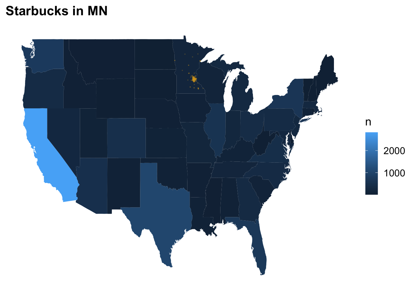 State-level choropleth map showing number of Starbucks per state and points for locations in MN. California has by far the most Starbucks locations in this dataset and the vast majority of locations in MN are in the Twin Cities Metro area.