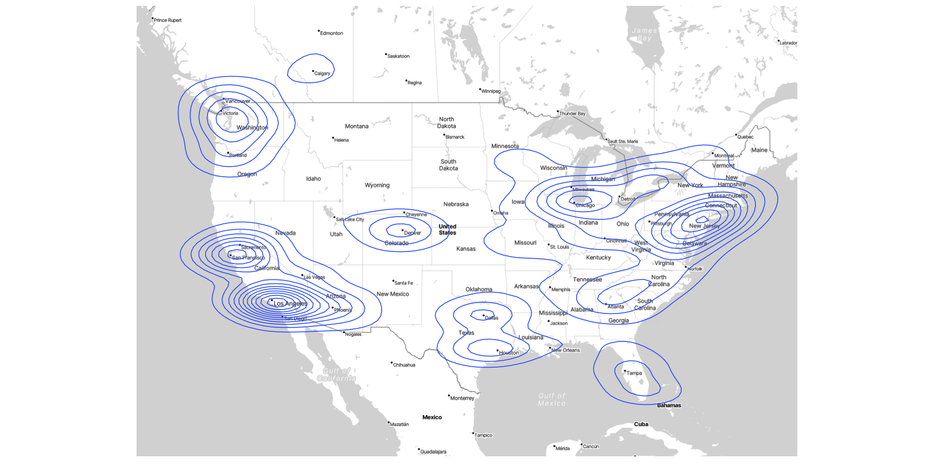 Contour map of Starbucks locations in the continental US. Most locations are in Northeast and California.