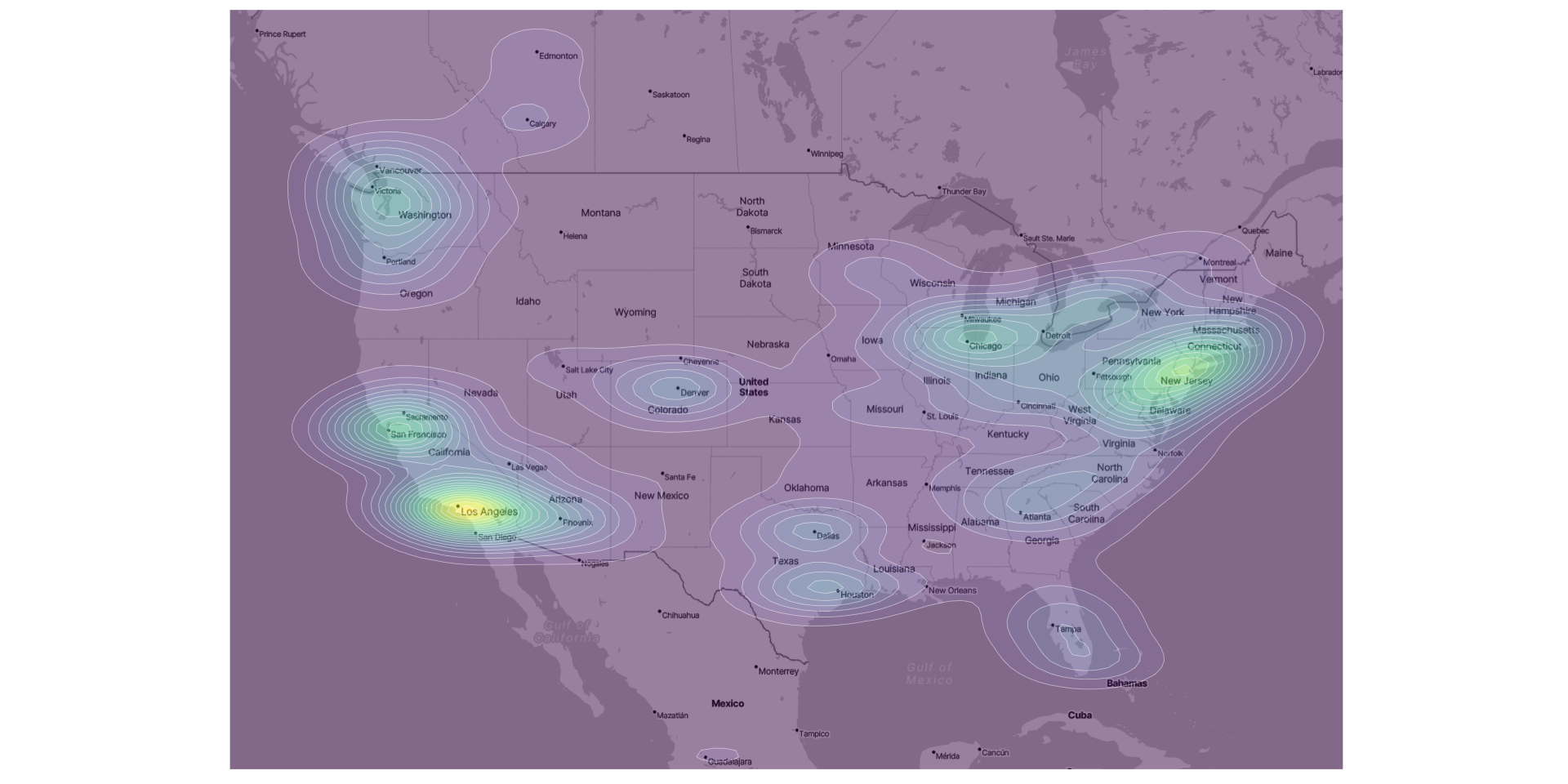 Density map of Starbucks locations in the continental US. Most locations are in Northeast and California.
