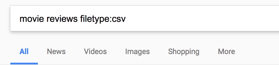 An example Google search for a csv file by including filetype:csv.