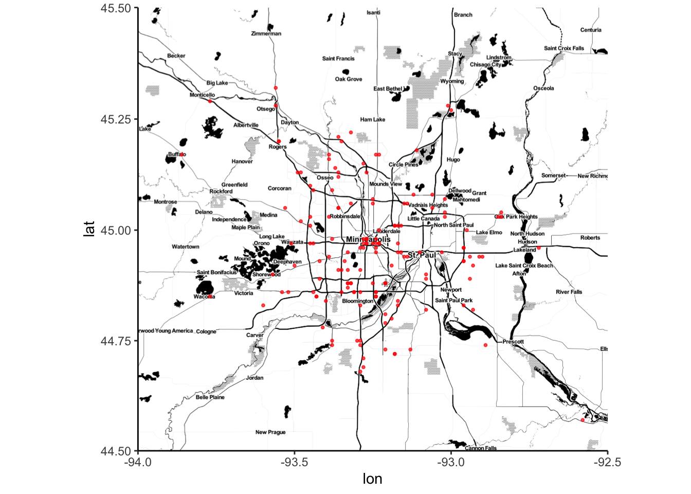 Map of Starbucks locations in the Twin Cities. Most locations are in the city centers or along major highways.