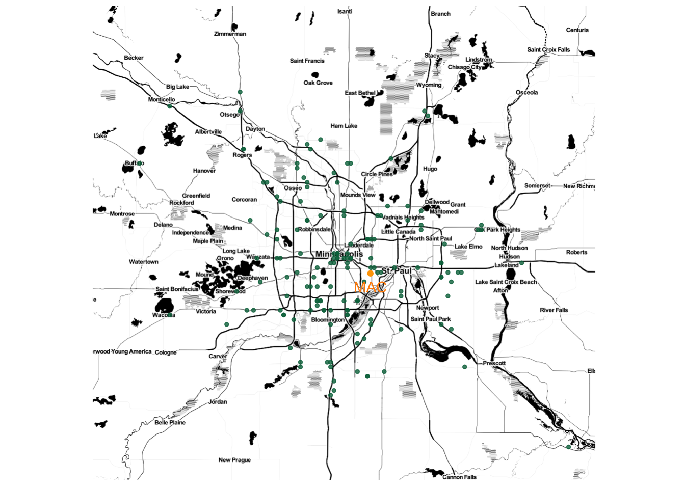 Map of Starbucks locations in the Twin Cities. Most locations are in the city centers or along major highways.