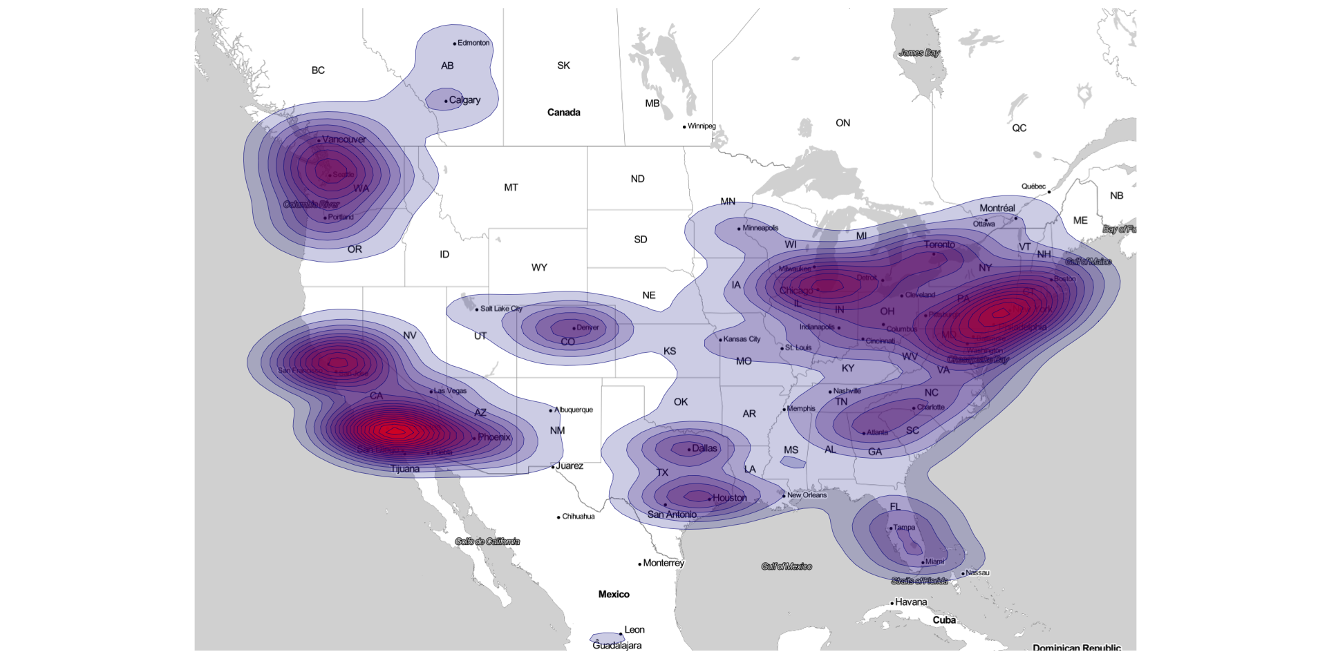 Density map of Starbucks locations in the continental US. Most locations are in Northeast and California.